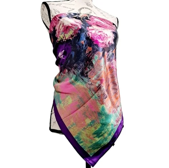 Square Satin Floral Print Neck Scarf Boho oversized oil painting 💖2/$30 - Picture 13 of 16